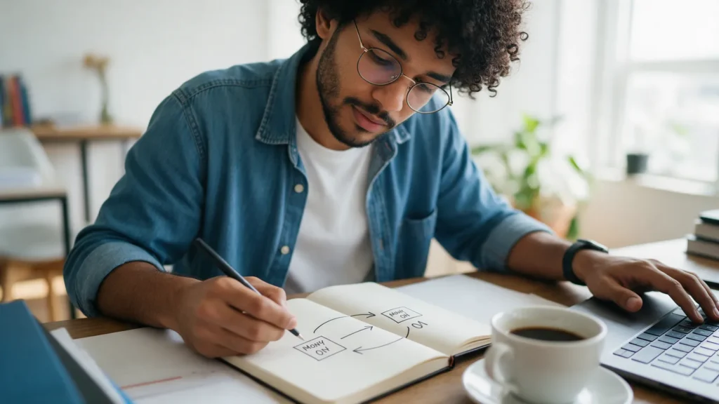 Empreendedor estudando contabilidade básica com diagrama de entradas e saídas