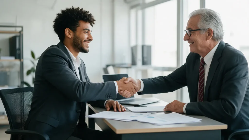 Empreendedor e contador fechando parceria em escritório de contabilidade